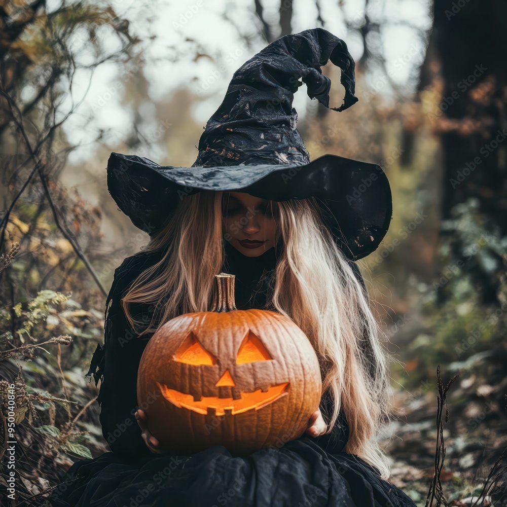 Witch in a forest with a carved pumpkin during autumn celebrations Witch in a forest with a carved pumpkin during autumn celebrations