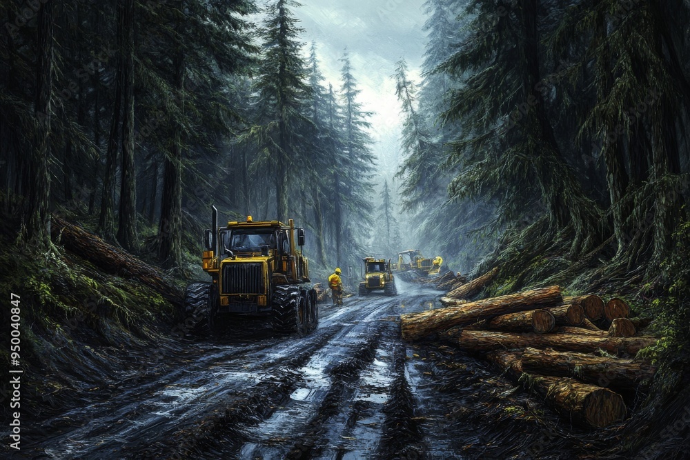 In a muddy forest, forest workers and machinery operate In a muddy forest, forest workers and machinery operate