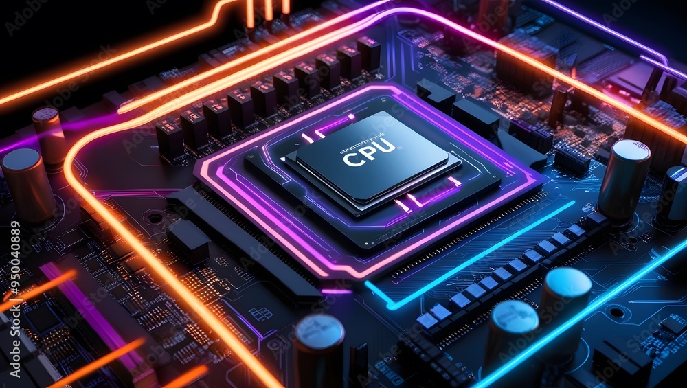 High-resolution rendering of a computer motherboard with a central CPU, glowing neon circuitry, and intricate details High-resolution rendering of a computer motherboard with a central CPU, glowing neon circuitry, and intricate details