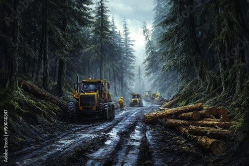 In a muddy forest, forest workers and machinery operate