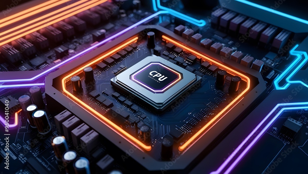 High-resolution digital rendering of a computer motherboard with a prominent CPU, glowing circuitry, and vibrant colors High-resolution digital rendering of a computer motherboard with a prominent CPU, glowing circuitry, and vibrant colors