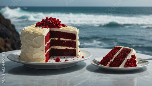 Slice of red velvet cake with cream cheese frosting on a table, with the ocean waves gently crashing in the background.