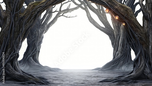 A realistic image of a haunted forest with gnarled trees and glowing eyes peering from the darkness, isolated on a clean white background.