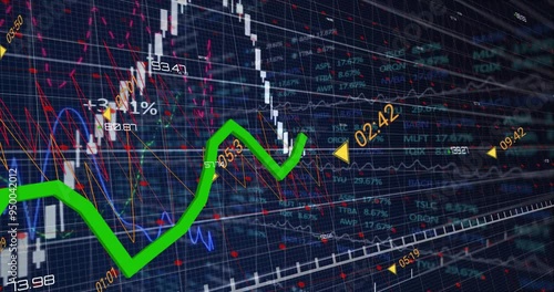 Financial data and stock market trends animation over fluctuating graphs and charts photo