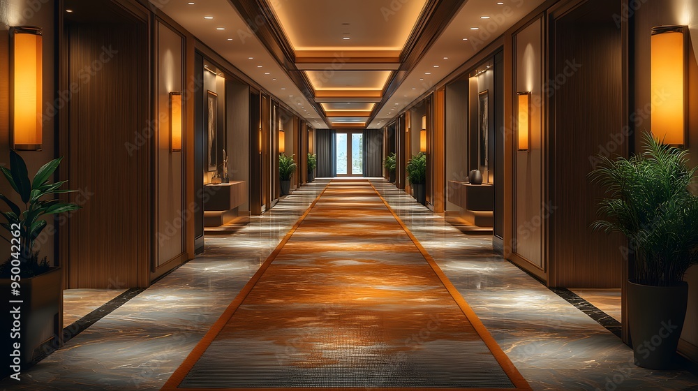 Spacious corridor with rich brown accents, plush carpeting, and gentle diffused lighting for a relaxing and stylish atmosphere. Spacious corridor with rich brown accents, plush carpeting, and gentle diffused lighting for a relaxing and stylish atmosphere.