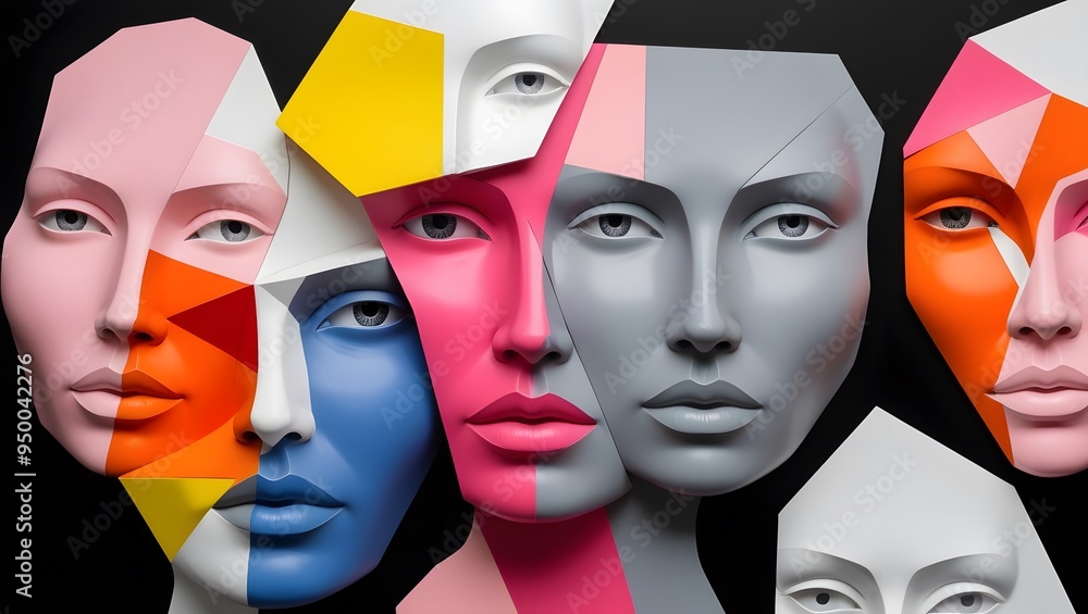 Dynamic modern abstract art with overlapping human faces in vibrant colors and geometric shapes on a black background. Dynamic modern abstract art with overlapping human faces in vibrant colors and geometric shapes on a black background.
