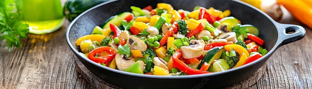 Freshly prepared organic vegetable stir-fry in a rustic kitchen, organic meal, healthy eating Freshly prepared organic vegetable stir-fry in a rustic kitchen, organic meal, healthy eating