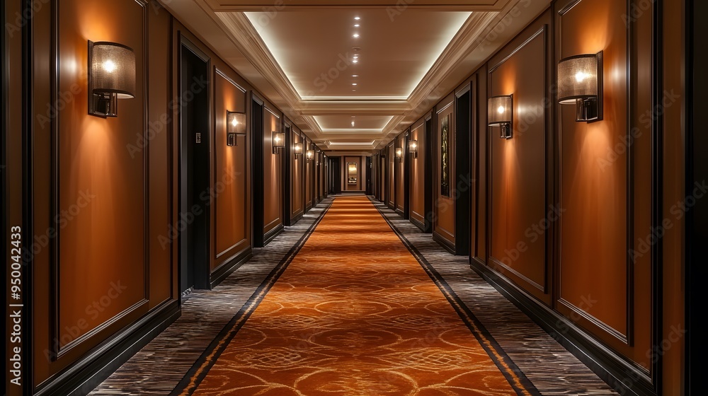 Wide hallway adorned with rich brown elements, plush carpet, and soft diffused lighting, creating a welcoming and comfortable space. Wide hallway adorned with rich brown elements, plush carpet, and soft diffused lighting, creating a welcoming and comfortable space.