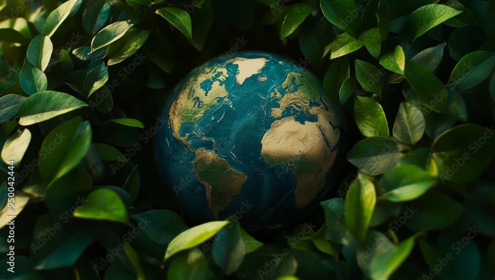 A beautiful earth is surrounded by green leaves, a symbol of the harmony between nature and ecology. A beautiful earth is surrounded by green leaves, a symbol of the harmony between nature and ecology.