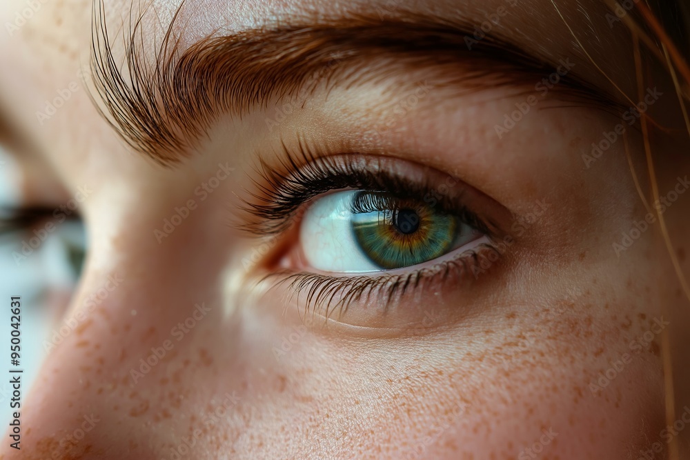 A detailed close-up of a human eye showcasing green iris, well-defined eyebrows, and facial freckles for artistic effect. A detailed close-up of a human eye showcasing green iris, well-defined eyebrows, and facial freckles for artistic effect.