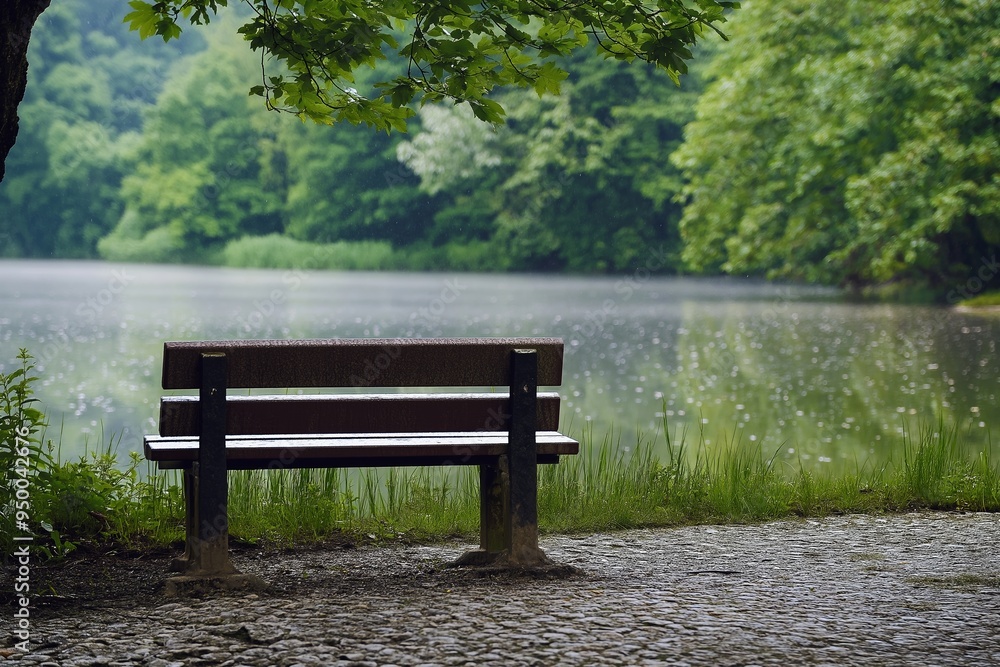 A tranquil scene featuring an empty wooden bench placed by a riverside path, surrounded by greenery and nature. A tranquil scene featuring an empty wooden bench placed by a riverside path, surrounded by greenery and nature.