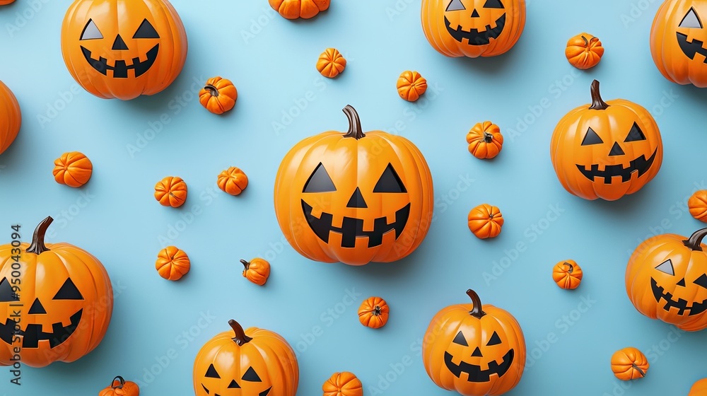 This image features multiple Halloween pumpkins with distinct expressions arranged against a light blue background, emphasizing a festive Halloween theme with a playful touch. This image features multiple Halloween pumpkins with distinct expressions arranged against a light blue background, emphasizing a festive Halloween theme with a playful touch.