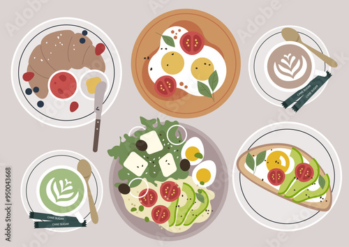 A delightful breakfast spread displays an assortment of vibrant dishes, including eggs, salad, and pastries, inviting to savor a refreshing morning experience with friends or family