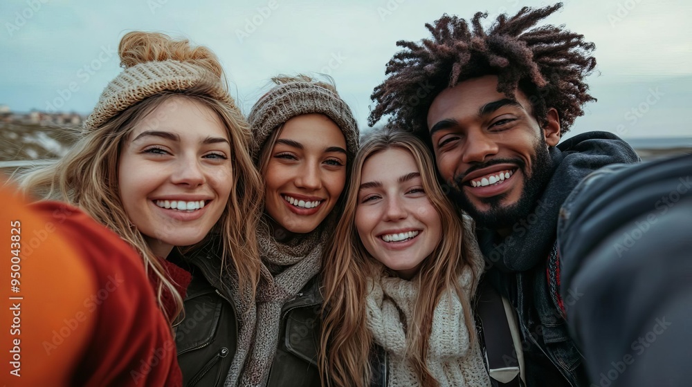 Friends taking a selfie during a road trip, real-life candid interaction moments, shared experiences Friends taking a selfie during a road trip, real-life candid interaction moments, shared experiences