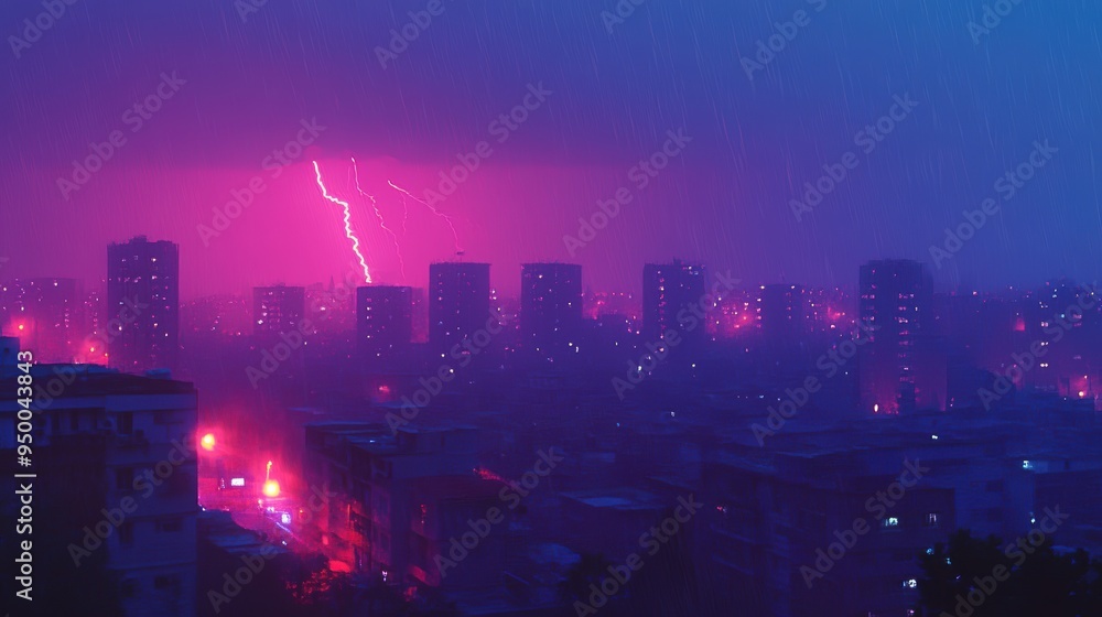 Obraz premium Dramatic lightning storm over a cityscape at night, with multiple bolts striking across a dark, stormy sky.