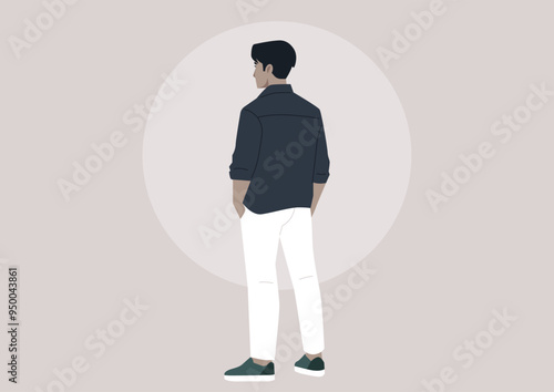 A contemplative male character stands quietly against a soft, muted background, lost in thought and emotion, dressed casually in a stylish outfit, embodying a moment of introspection