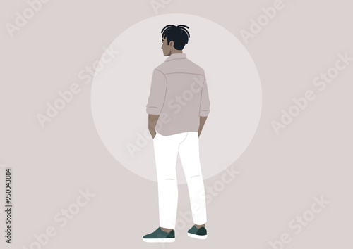 A contemplative male character stands quietly against a soft, muted background, lost in thought and emotion, dressed casually in a stylish outfit, embodying a moment of introspection