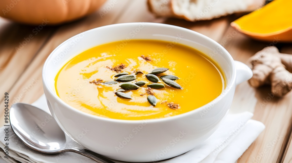 Creamy butternut squash soup with pumpkin seeds and spices. Creamy butternut squash soup with pumpkin seeds and spices.