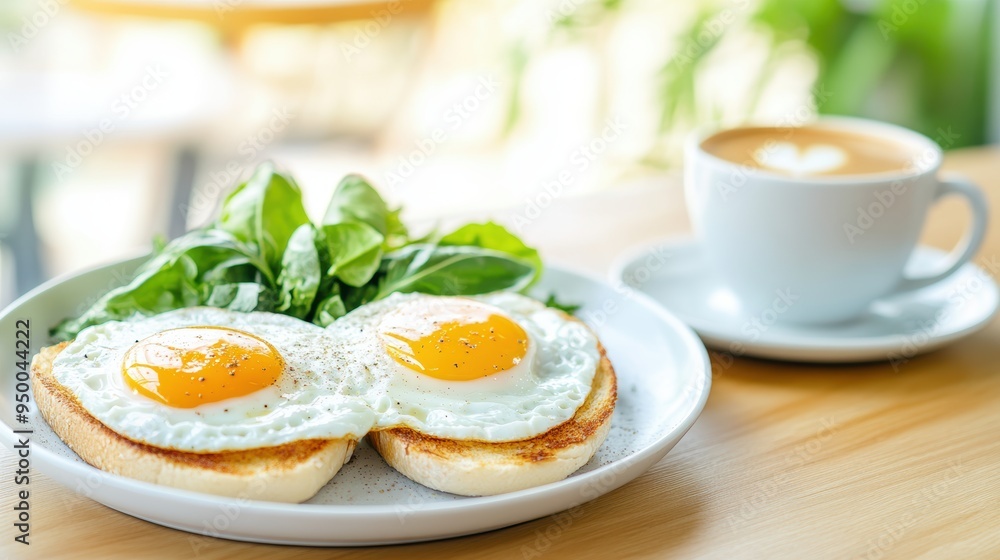 Breakfast plate with sunny-side-up eggs on toast, fresh spinach, and a cup of coffee. Healthy morning meal concept. Breakfast plate with sunny-side-up eggs on toast, fresh spinach, and a cup of coffee. Healthy morning meal concept.