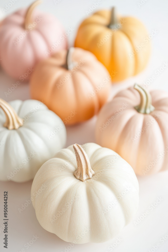 Several pumpkins of various pastel colors are laying on a white surface, creating a beautiful autumn still life Several pumpkins of various pastel colors are laying on a white surface, creating a beautiful autumn still life