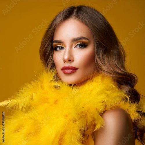 Golden Glamour A captivating portrait of a stylish woman in a vibrant yellow feather boa, exuding elegance and confidence with shimmering makeup and a radiant glow. photo