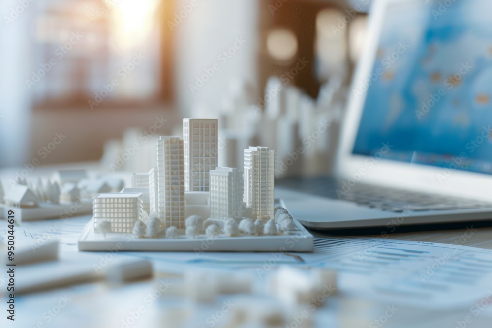 A white model of a city is on a table next to a laptop. The laptop is open and has a map on the screen A white model of a city is on a table next to a laptop. The laptop is open and has a map on the screen