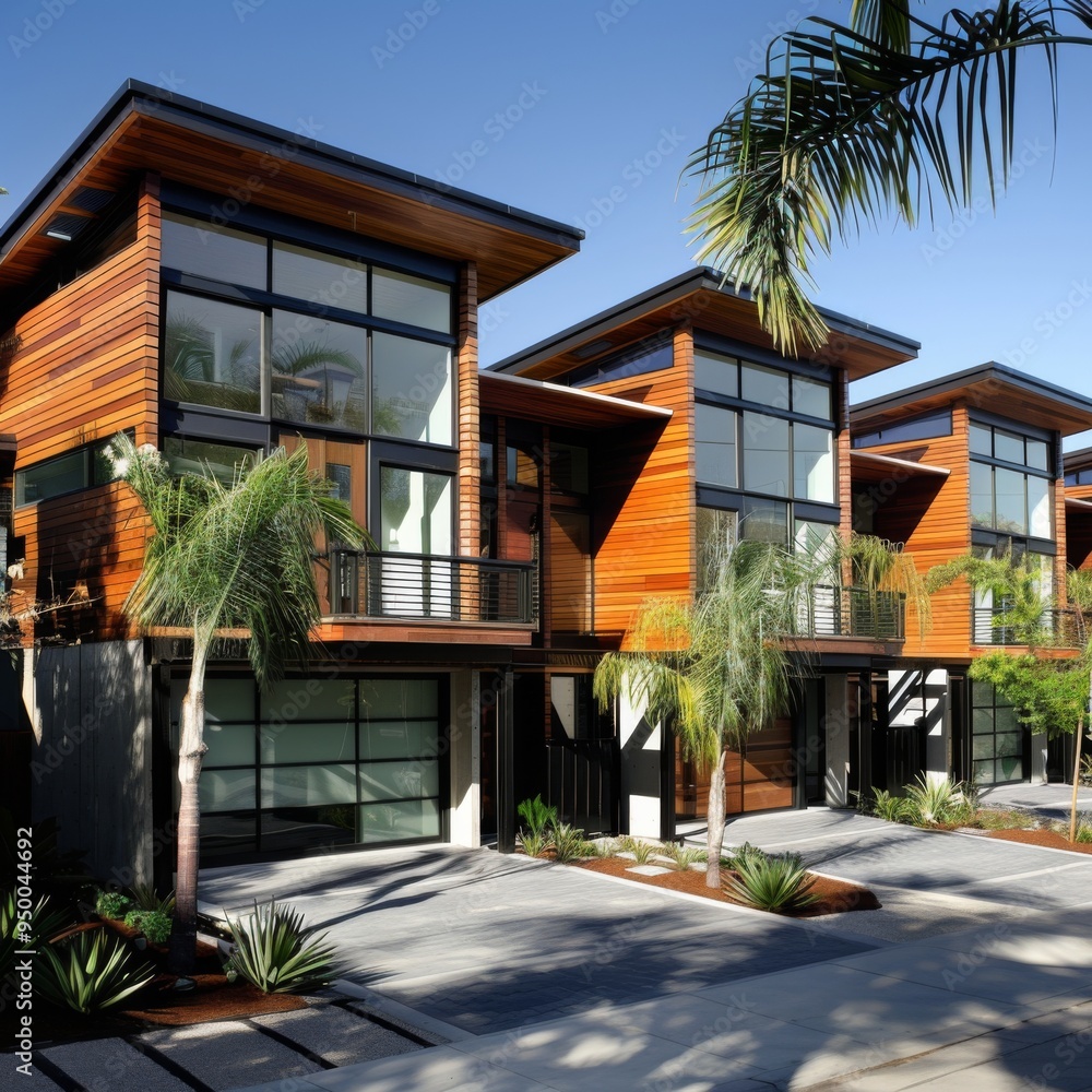 Fototapeta premium Three houses with a palm tree in front of them. The houses are made of wood and have a modern design