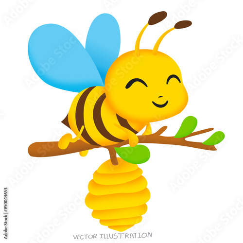 Yellow bee with blue wings flying, vector illustration