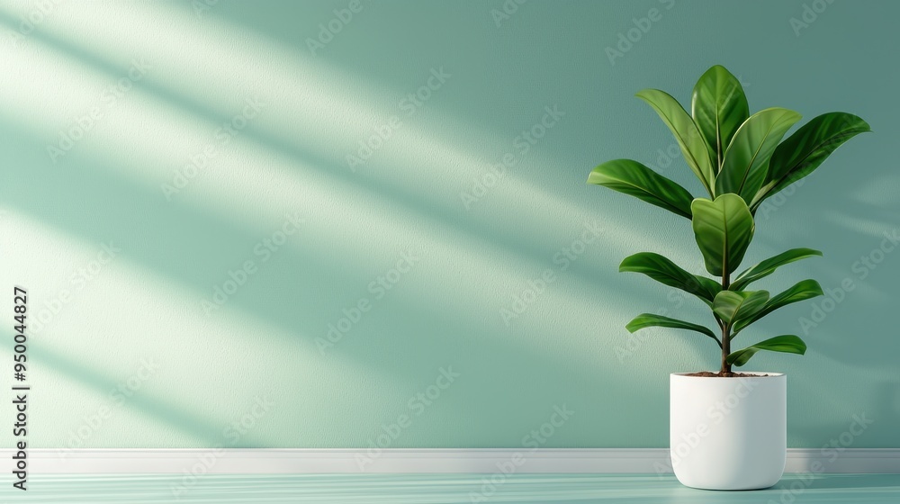 A small potted plant sits on a flat surface in a minimalist setting with soft sunlight casting shadows on a pastel green wall. A small potted plant sits on a flat surface in a minimalist setting with soft sunlight casting shadows on a pastel green wall.