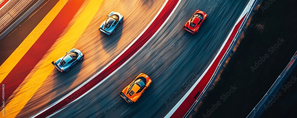 Overhead shot of a race track with multiple cars taking different ...