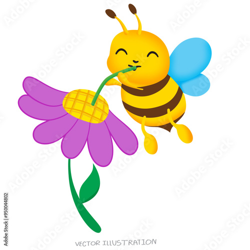 Yellow bee with blue wings flying, vector illustration