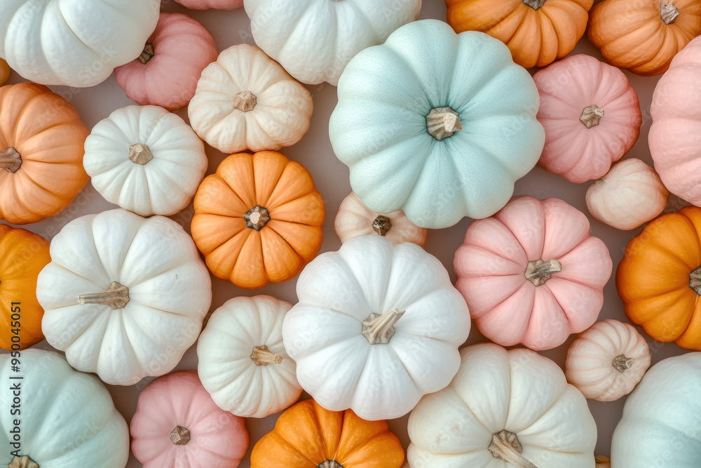 Collection of pumpkins is arranged in a flat lay composition, creating a festive and colorful autumnal scene Collection of pumpkins is arranged in a flat lay composition, creating a festive and colorful autumnal scene