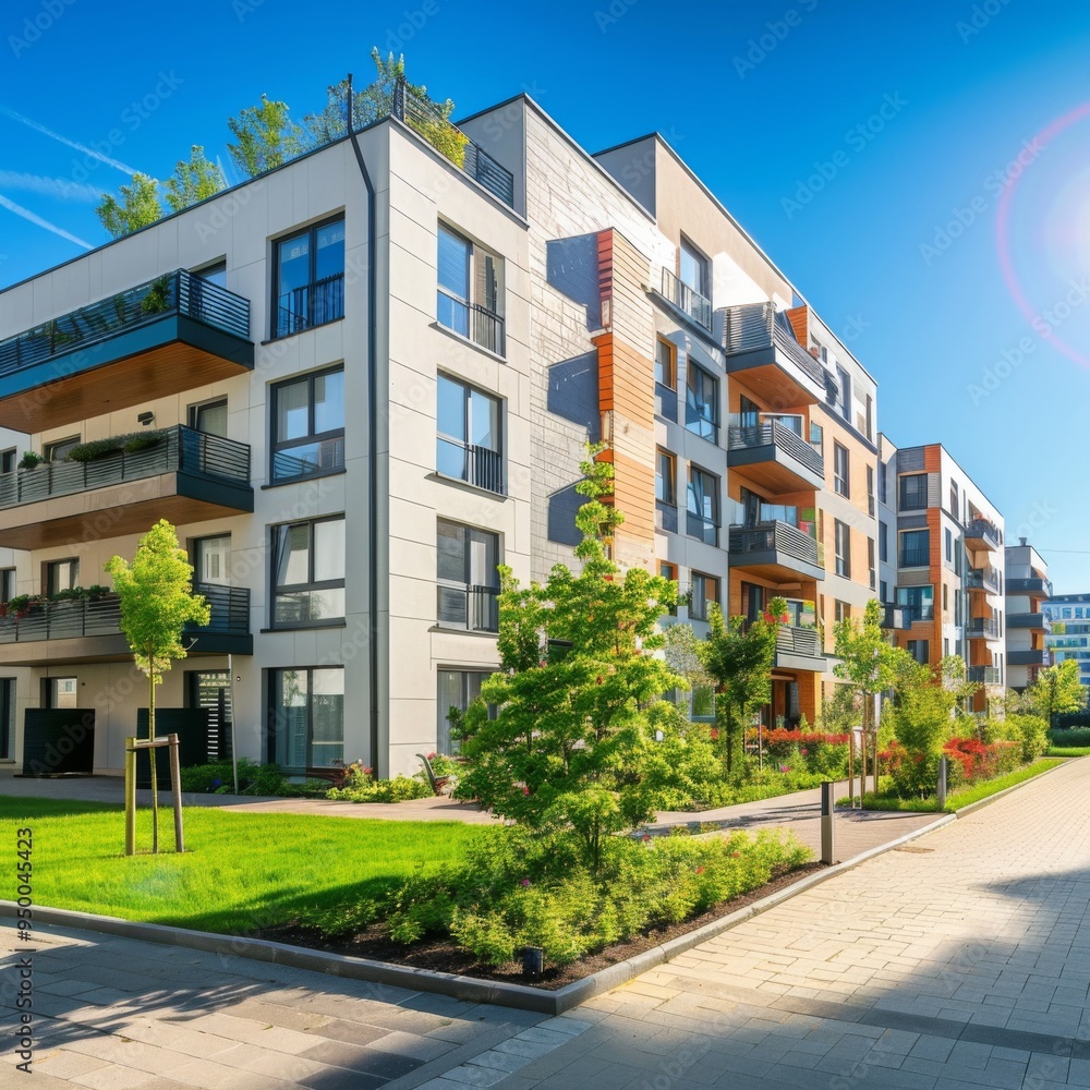 A large apartment building with a green tree in front of it. The building has a lot of windows and balconies A large apartment building with a green tree in front of it. The building has a lot of windows and balconies