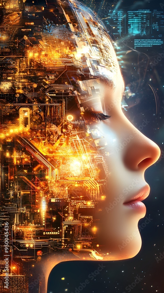 Woman with Circuit Board Head. Woman with Circuit Board Head.