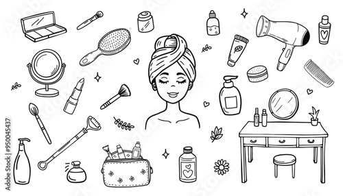 Makeup and beauty doodle set. Beauty doodle background. Vector illustration. 