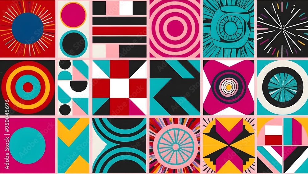  Abstract geometric grid with bold colors and diverse patterns in a modern art style         