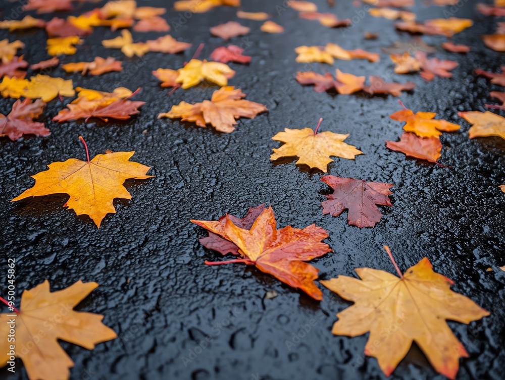 Rainsoaked asphalt road with autumn leaves scattered across it, creating a vibrant contrast, Asphalt Road, Seasonal beauty Rainsoaked asphalt road with autumn leaves scattered across it, creating a vibrant contrast, Asphalt Road, Seasonal beauty