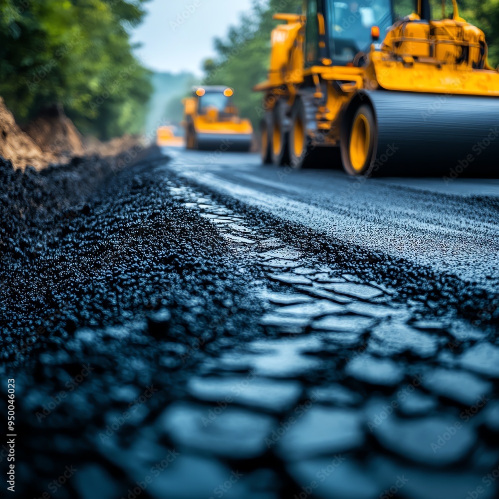 Road construction scene with heavy machinery laying fresh asphalt, capturing the process of creation, Asphalt Road, Industrial progress Road construction scene with heavy machinery laying fresh asphalt, capturing the process of creation, Asphalt Road, Industrial progress