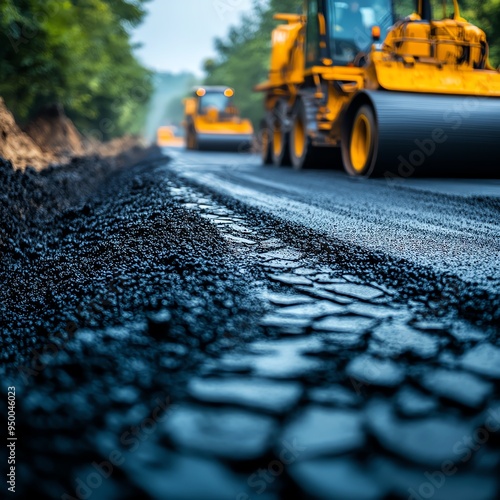 Road construction scene with heavy machinery laying fresh asphalt, capturing the process of creation, Asphalt Road, Industrial progress