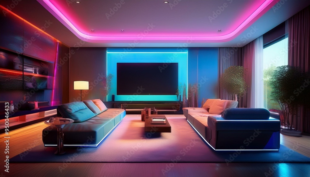 Home cinema, living room with colored LED lighting - Smart home. 3D render. Raster illustration. Home cinema, living room with colored LED lighting - Smart home. 3D render. Raster illustration.