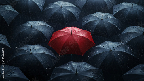 top view of black umbrellas cover the street and one red umbrella in the middle for differentiation business