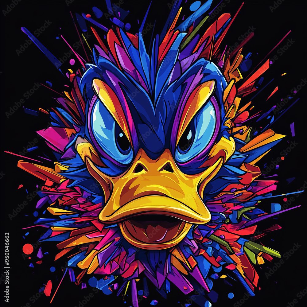 Angry duck in vibrant geometric style, explosive t-shirt print design Angry duck in vibrant geometric style, explosive t-shirt print design