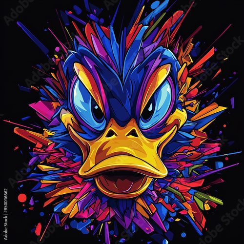 Angry duck in vibrant geometric style, explosive t-shirt print design photo