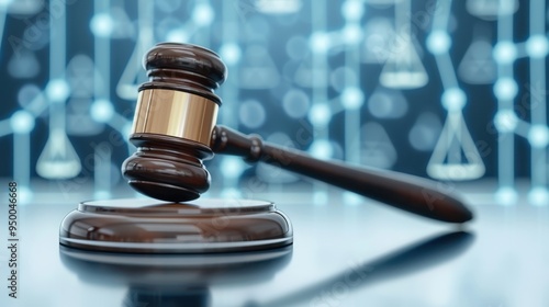 Close-up of a judge's gavel resting on a sound block, with scales of justice symbols in the blurred background, representing law and legal authority. photo