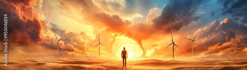 Silhouette of a Man Standing in a Field with Wind Turbines and a Dramatic Sunset.