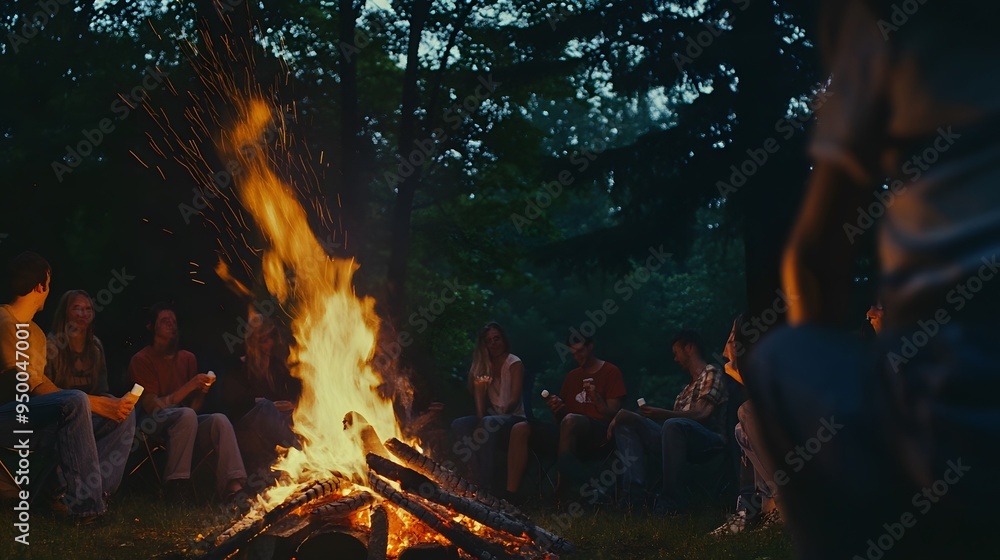 Friends gather around a roaring campfire in the woods, enjoying the warmth and company. Friends gather around a roaring campfire in the woods, enjoying the warmth and company.