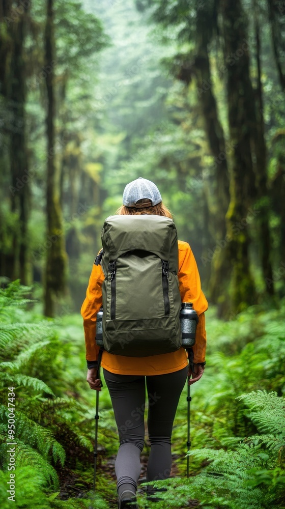 A solo traveler hiking through a lush forest, carrying a reusable water bottle and wearing eco-friendly gear, surrounded by untouched nature A solo traveler hiking through a lush forest, carrying a reusable water bottle and wearing eco-friendly gear, surrounded by untouched nature