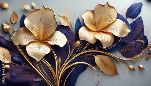 Irises with golden leaves and stems An exquisite 3D floral background photo