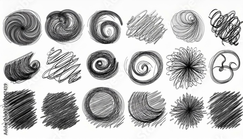 Isolated on white background, set of charcoal pencil curly lines and squiggles. Hand drawn marker scribbles. Black pencil sketches.