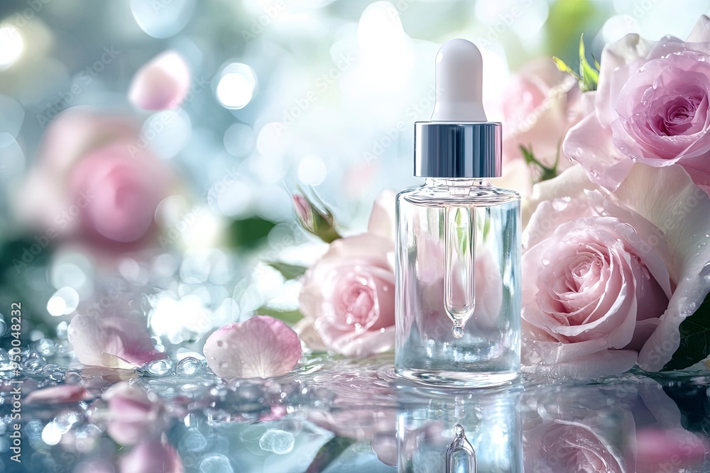 Cosmetic bottle with serum, rose oil, transparent water background with flowers. Generative Ai Cosmetic bottle with serum, rose oil, transparent water background with flowers. Generative Ai
